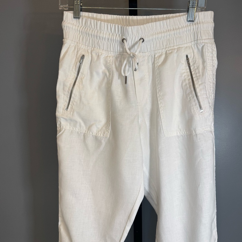Athleta Cabo Linen Jogger Pants White Size 6 100% Linen Zip Pocket Resort - Picture 2 of 7